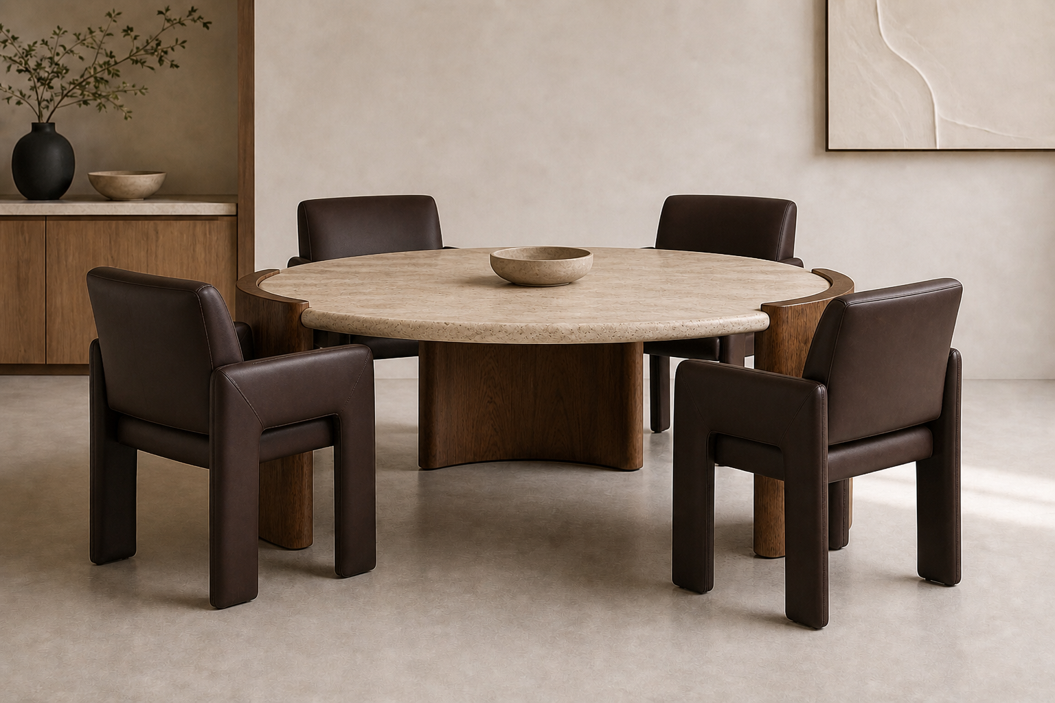 Hadid Dining Table — Travertine & Walnut (Round)