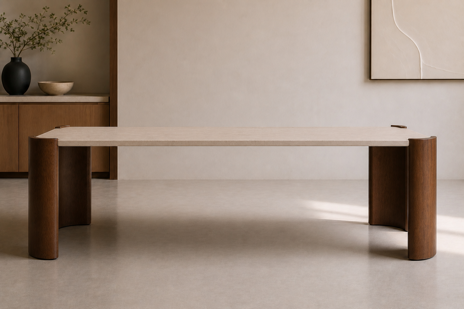 Hadid Dining Table — Travertine & Walnut