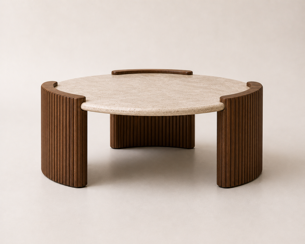 Monroe Travertine Coffee Table — Fluted Walnut Base