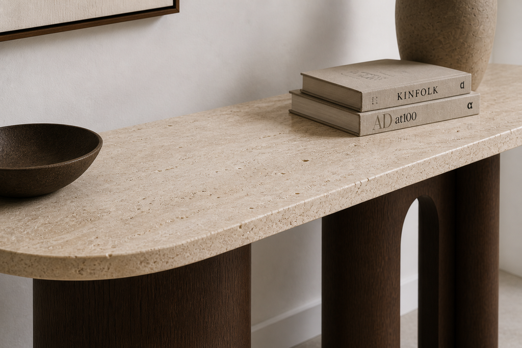 Aura Console Table / Desk – Travertine Top