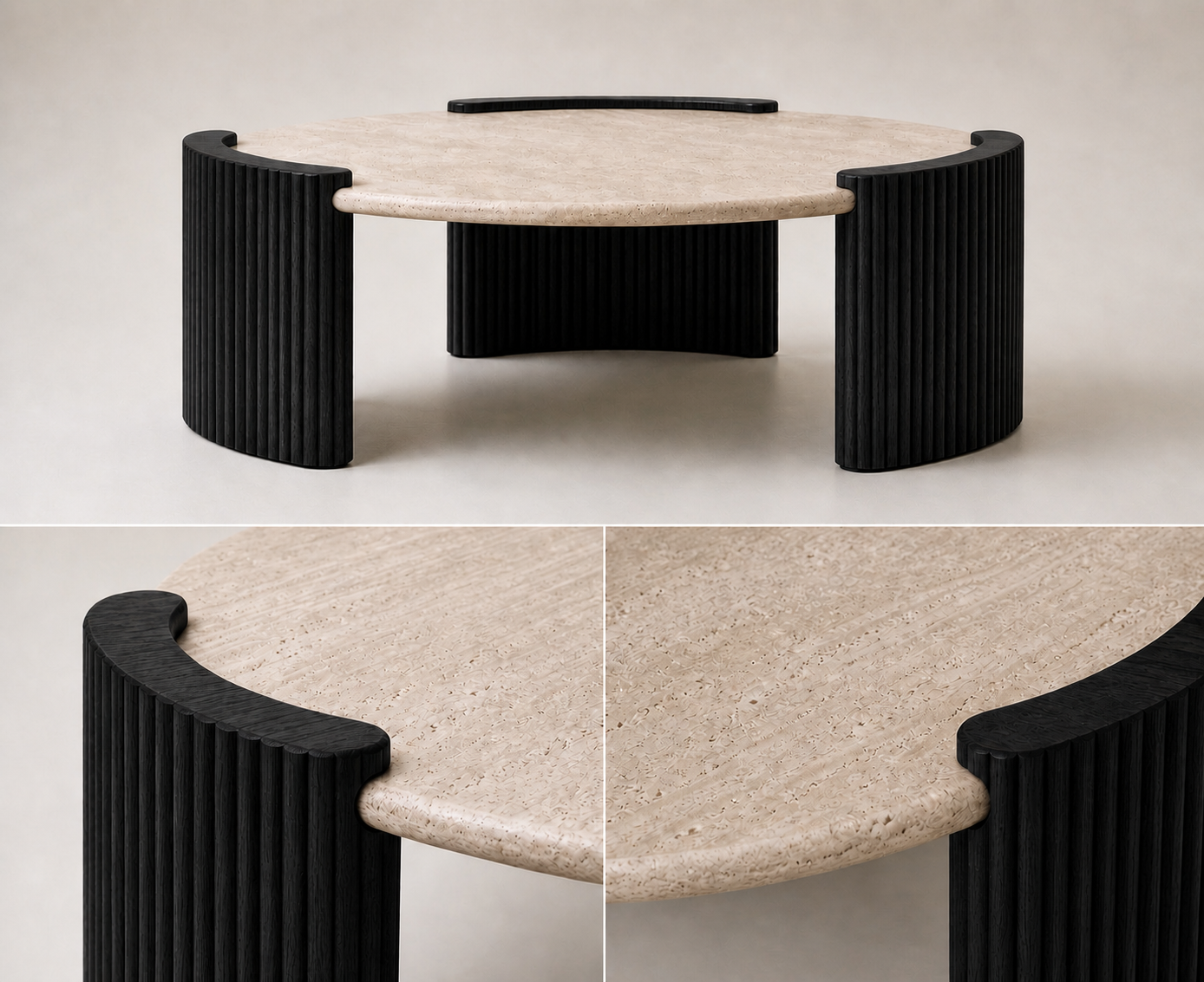 Monroe Travertine Coffee Table — Fluted Walnut Base