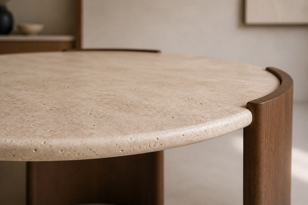 Hadid Dining Table — Travertine & Walnut (Round)