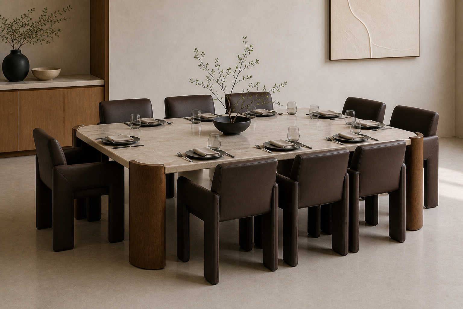 Hadid Dining Table — Travertine & Walnut