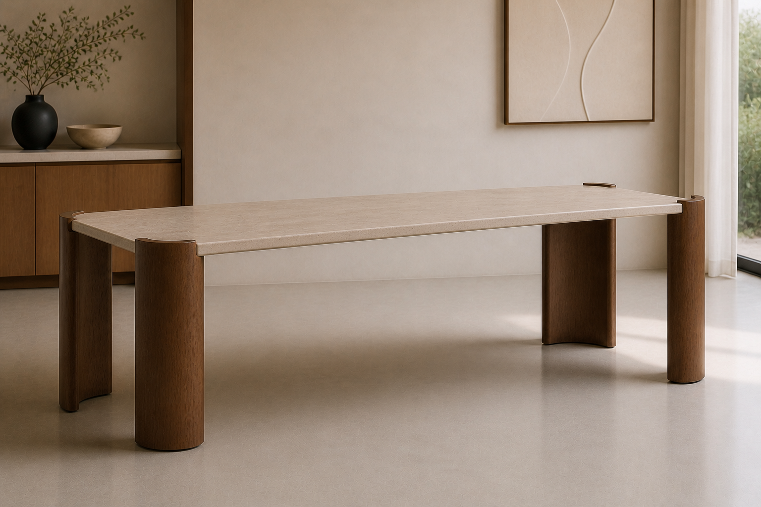Hadid Dining Table — Travertine & Walnut