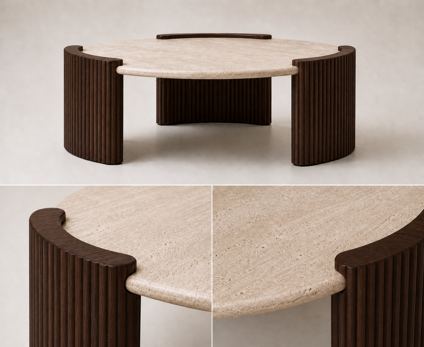 Monroe Travertine Coffee Table — Fluted Walnut Base