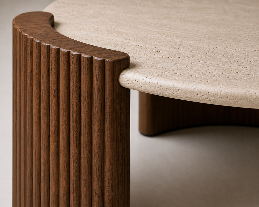 Monroe Travertine Coffee Table — Fluted Walnut Base