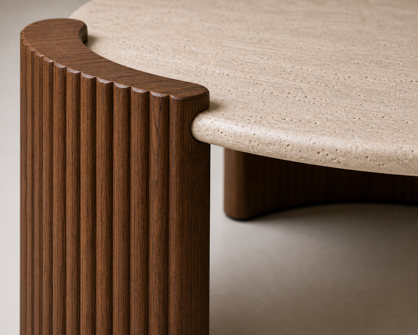 Monroe Travertine Coffee Table — Fluted Walnut Base