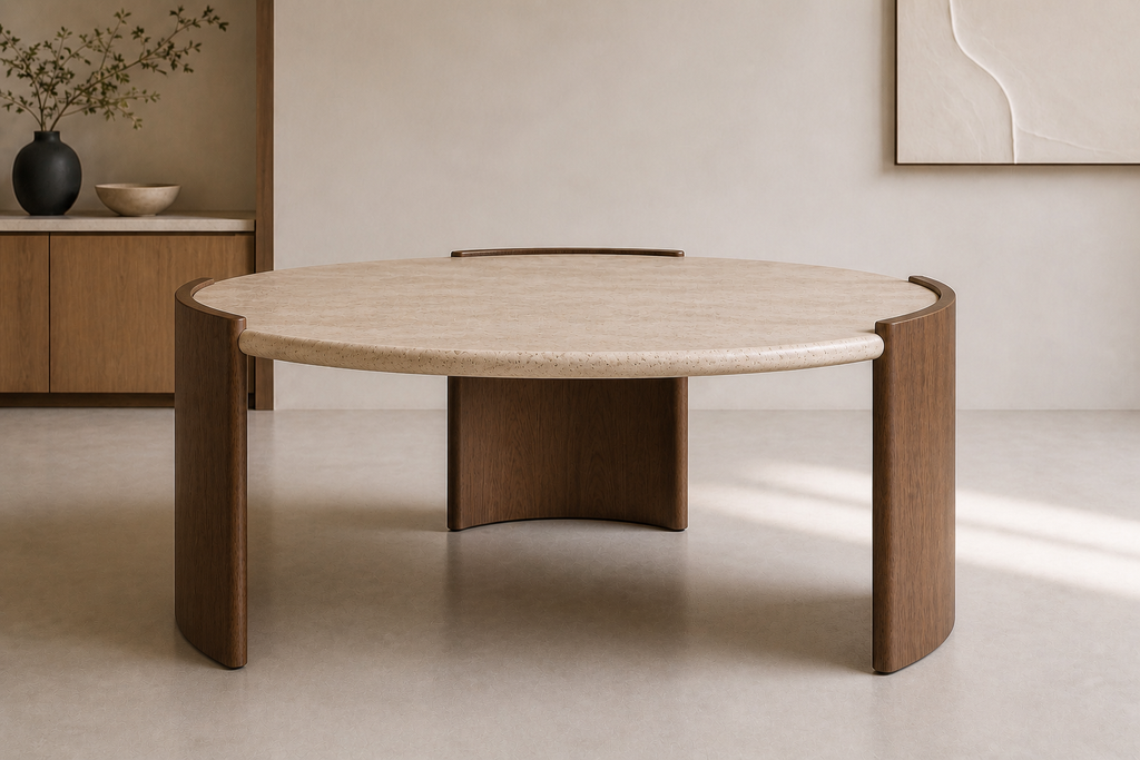 Hadid Dining Table — Travertine & Walnut (Round)